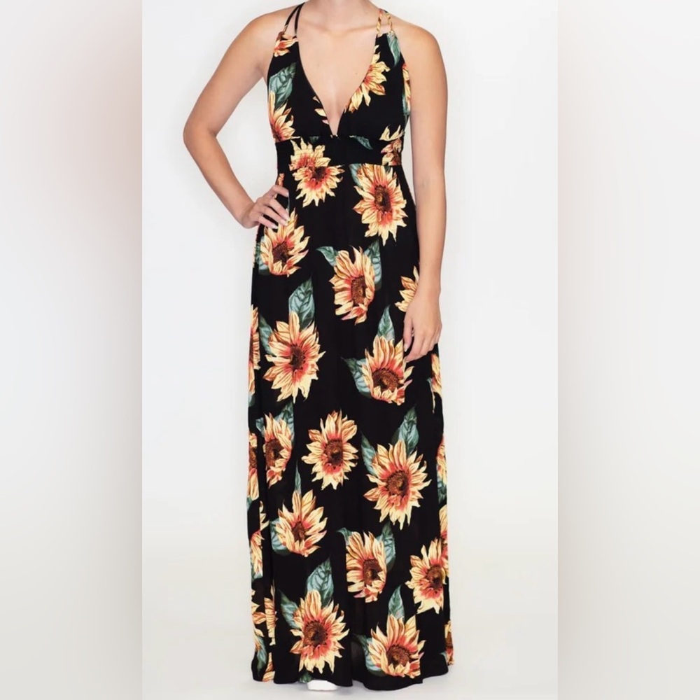 Timing Sunflower Halter Maxi Dress